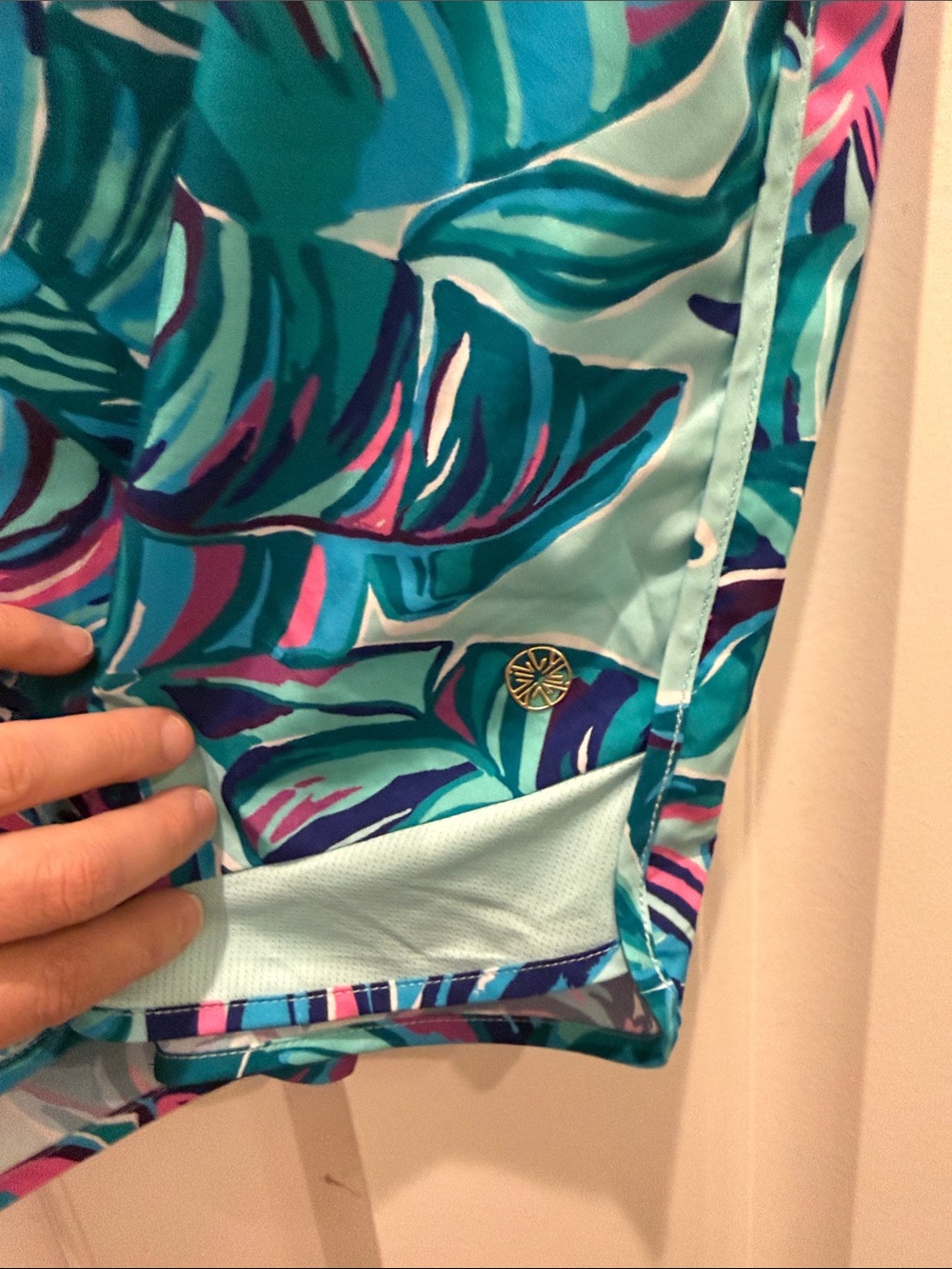 Women’s Tropical Print Running Shorts - Aqua, Teal & Pink - Picture 3 of 7